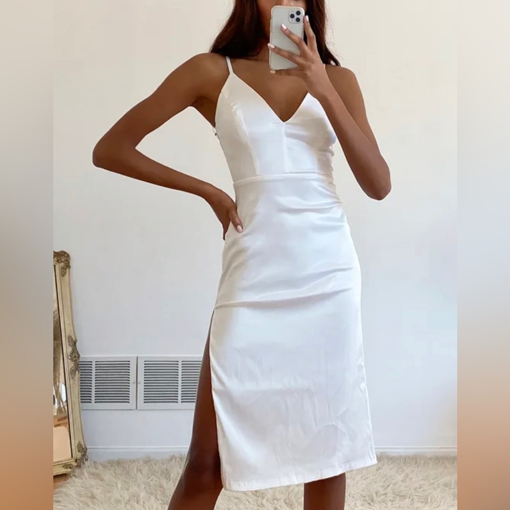 Lulus Stunning Sight White Embroidered Lace Satin Midi Dress - M